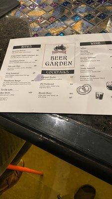 Food, cocktail, and wine menu