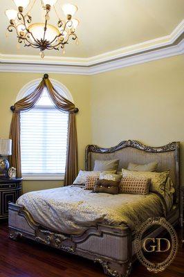 Custom made arch window draperies with bronze medallions and Shangri-La shade for a bedroom in Bayonne, NJ 07002