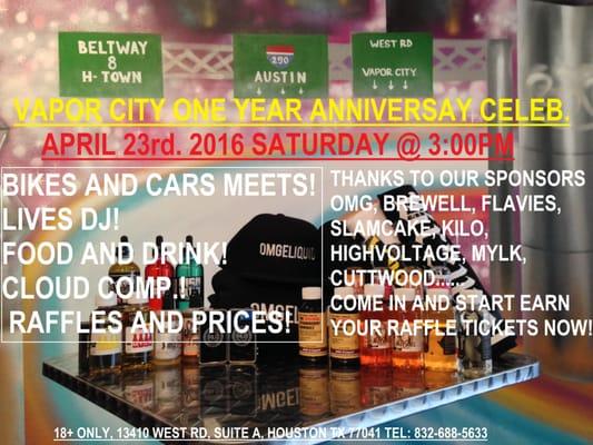 Come and join us for our one year anniversary celebration!!!April 23rd,2016!