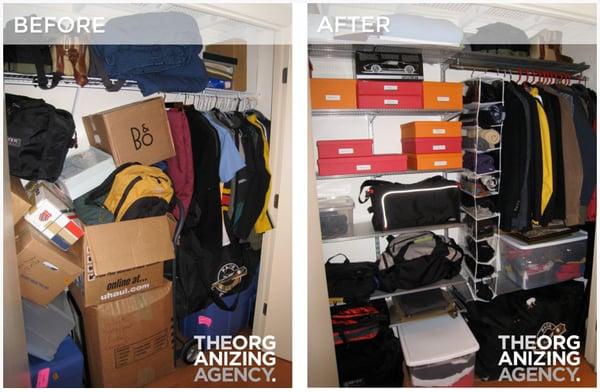 Never unpacked, and no shelves, this home owner was stuck.  We created a series of shelves and file storage in this closet!