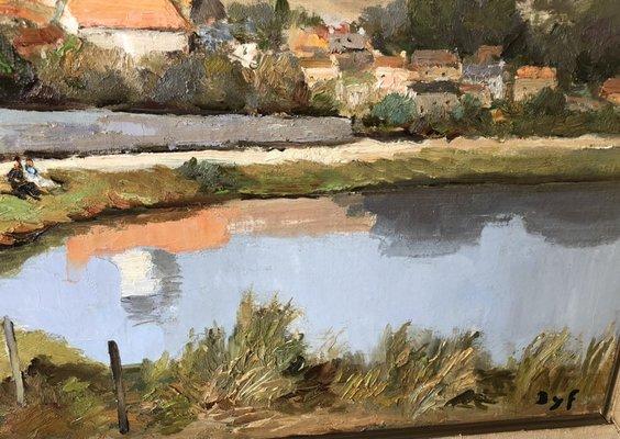 Marcel Dyf painting restoration, paint layer cracks enforcement, cleaning, stretching.