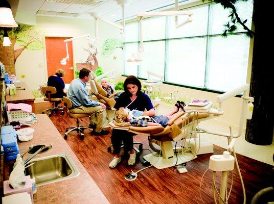 Open hygiene bay with movie screens on the ceiling to watch!