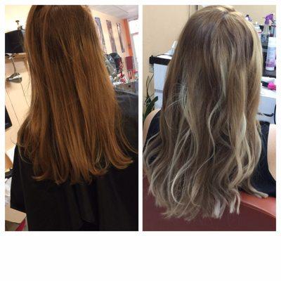 Before and after rooty Balayage.