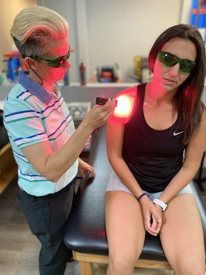 Cold laser therapy is use as a secondary treatment.  Cold laser therapy relieves swelling, pain, and soreness etc....