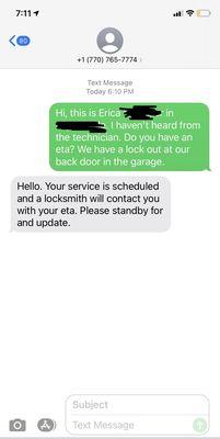 The text I received from the company stating they were on the way.