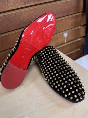 Custom made red color mirror half soles and red color rubber heels. Painted in red color to match soles