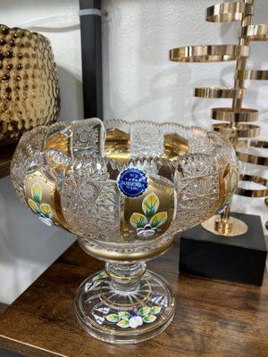 Bohemia Crystal footed bowl with gold trim and colorful flower.Hand cut 500 PK