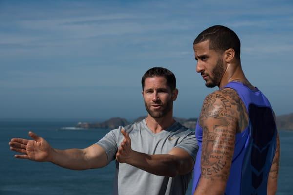 Todd coaching Colin Kaepernick on a Nike photo shoot at the Presidio in San Francisco.