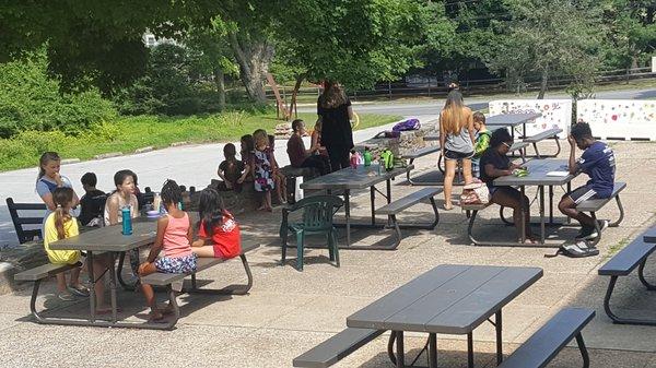 Summer Camp Classes on the back patio.