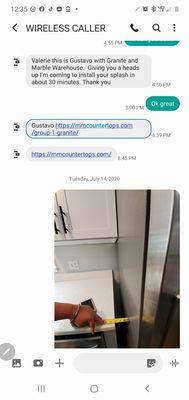 This is the countertop shortage oh and the installer sending me his personal company's information so I'll use him on the next job. VE
