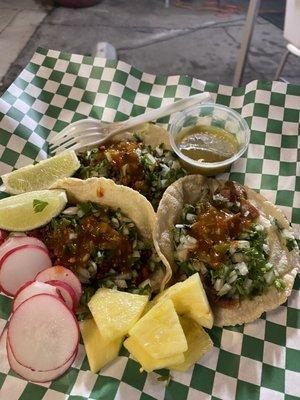 Beef, stomach and pork tacos