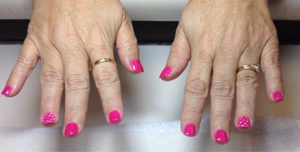 Hot pink Gel with white polka dots on ring fingers ! Fun for spring by Nance @ 396-2723