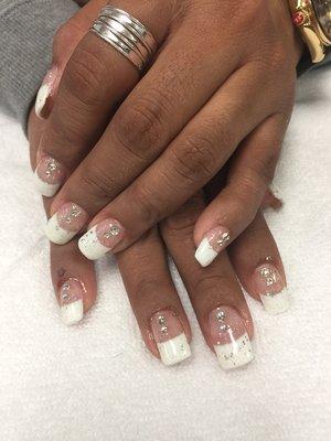 French tips with glitter and rhinestones