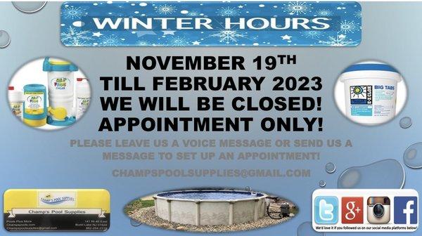 Winter Hours!Appointment Only! Please feel free to contact us!