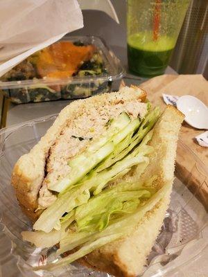 Tuna salad om sourdough with cucumber and lettuce. Was sooo yummy (already ate the other half)