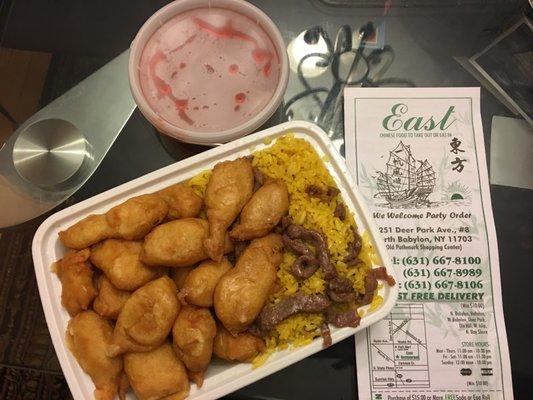 Sweet and Sour Chicken with Beef Fried Rice.