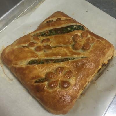 Puff pastry with spinach, cheese, and store bought pizza sauce. Looks pretty, but a little heavy for my taste.